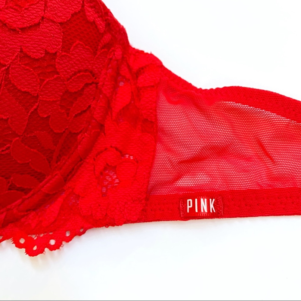 Pink Victoria’s Secret red lace date demi underwire push up bra balconette - Picture 4 of 7